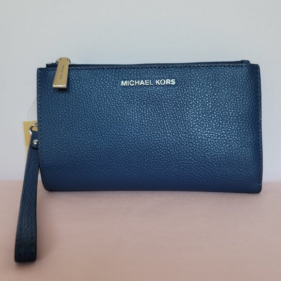 MICHAEL KORS Jet Set Double Zip Pebbled Leather Wristlet-River Blue 🎈$127.